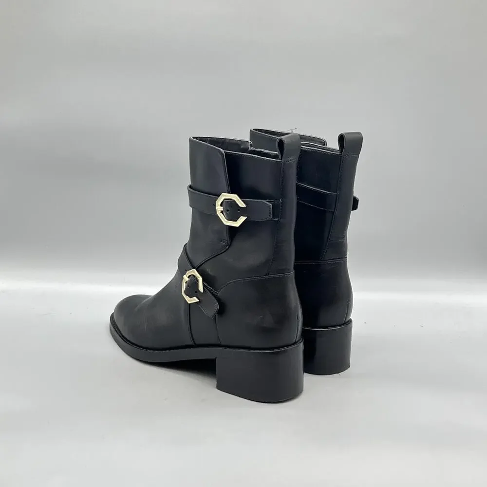 Cole Haan Boots Womens 6 Black Leather Ankle Biker Buckle Zip Block Heel Shoes